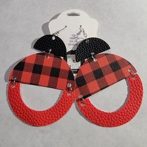 Red, Black/Red Buffalo Plaid, Black 3-Tier Faux Leather Earrings 3.5"